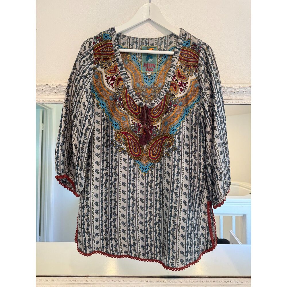 Johnny Was Paisley Floral Print 3/4 Sleeve Scoop Neck Blouse Size XS